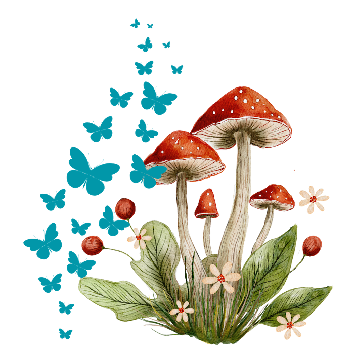Butterflies with mushrooms and flowers